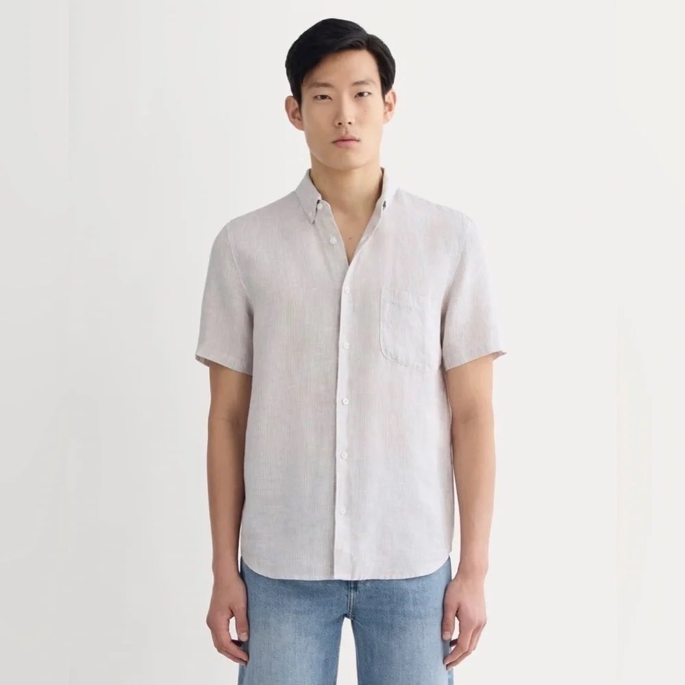 Everlane Shirt L Stone White Linen Short-Sleeve Standard Fit Striped Button Up
